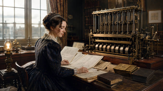 Ada Lovelace étudiant des diagrammes devant une machine analytique victorienne