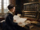 Ada Lovelace étudiant des diagrammes devant une machine analytique victorienne