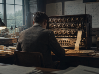 Alan Turing devant une machine de décryptage dans un bureau des années 1940