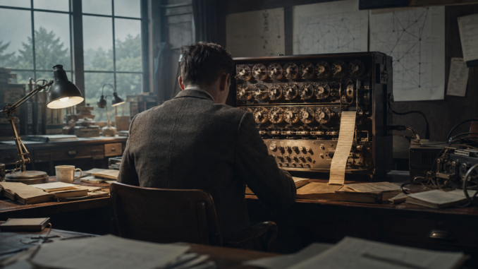 Alan Turing devant une machine de décryptage dans un bureau des années 1940