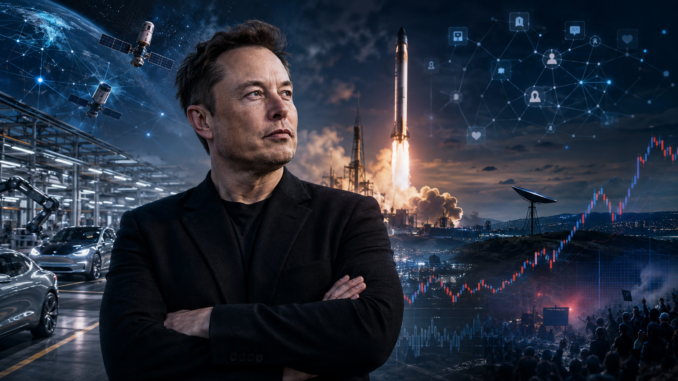 Elon Musk devant une usine de véhicules électriques, des fusées, des satellites et des graphiques financiers