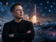 Elon Musk devant une usine de véhicules électriques, des fusées, des satellites et des graphiques financiers