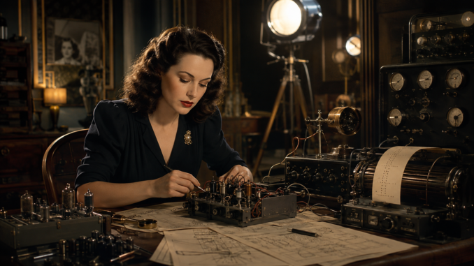 Reconstitution de Hedy Lamarr travaillant sur un système radio à changement de fréquence en 1941